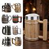 Rustic Wood Grain Beer Cup Barrel Mug, 600ml Stainless Steel Liner Stein, Insulated Mug Tankard for Pub Home Bar Party Gift