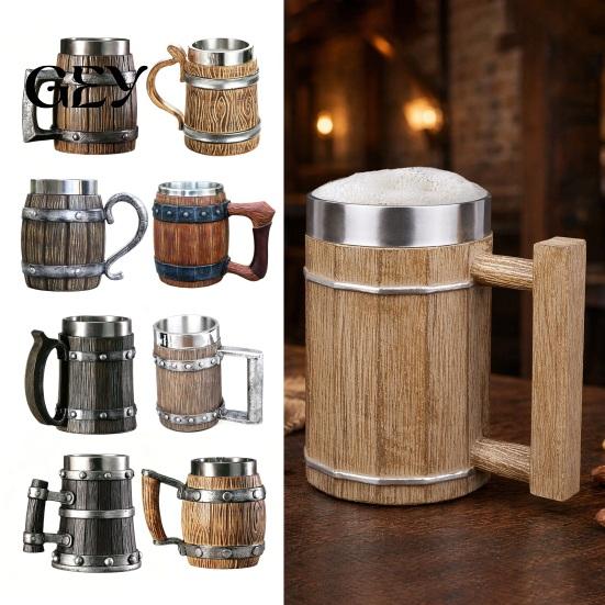 Rustic Wood Grain Beer Cup Barrel Mug, 600ml Stainless Steel Liner Stein, Insulated Mug Tankard for Pub Home Bar Party Gift