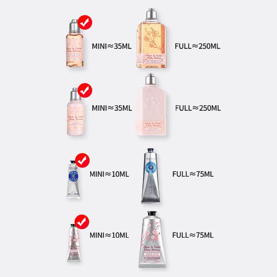 L'Occitane en Provence Mini sada péče o tělo (Tělové mléko Cherry Blossom 35ml + Sprchový gel 35ml + Krém na ruce 10ml + Krém na ruce s bambuckým máslem 10ml) 4-dílný