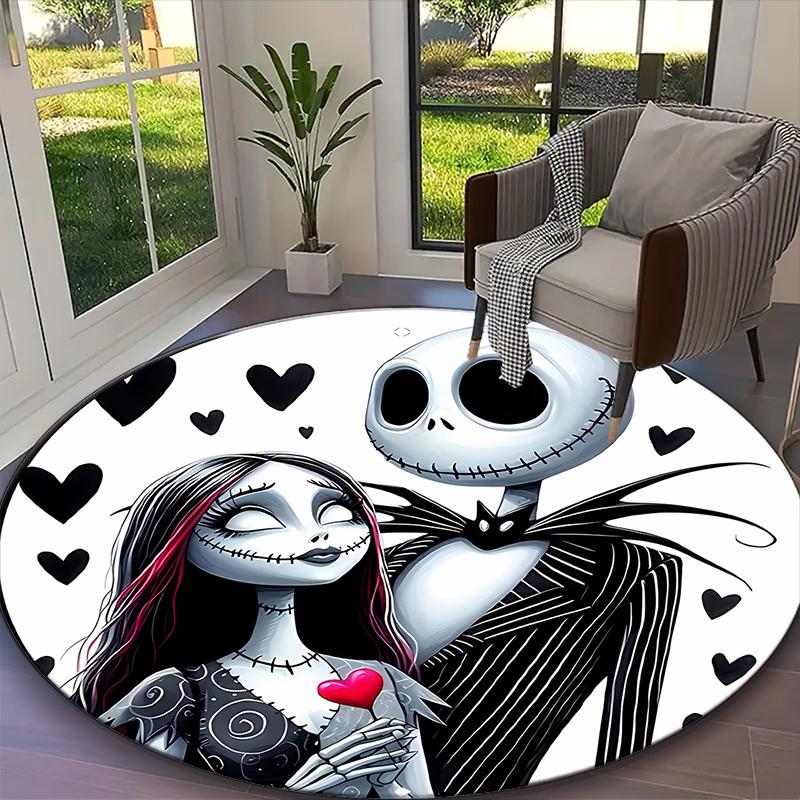 1pc Jack And Sally Christmas Tree Floral Rug, Digital Printed Home Chair Sofa Mat, Durable Office Round Carpet, Beautiful Festival Decorations
