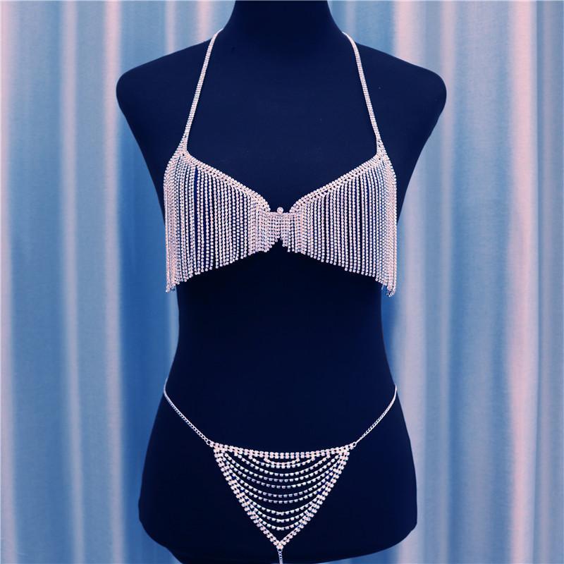 Xqwewanticedd Women's White/Silver/Gold European And American Sexy Tassel, Rhinestone Bra Underwear Body Chain Set, Accessories Body Chain