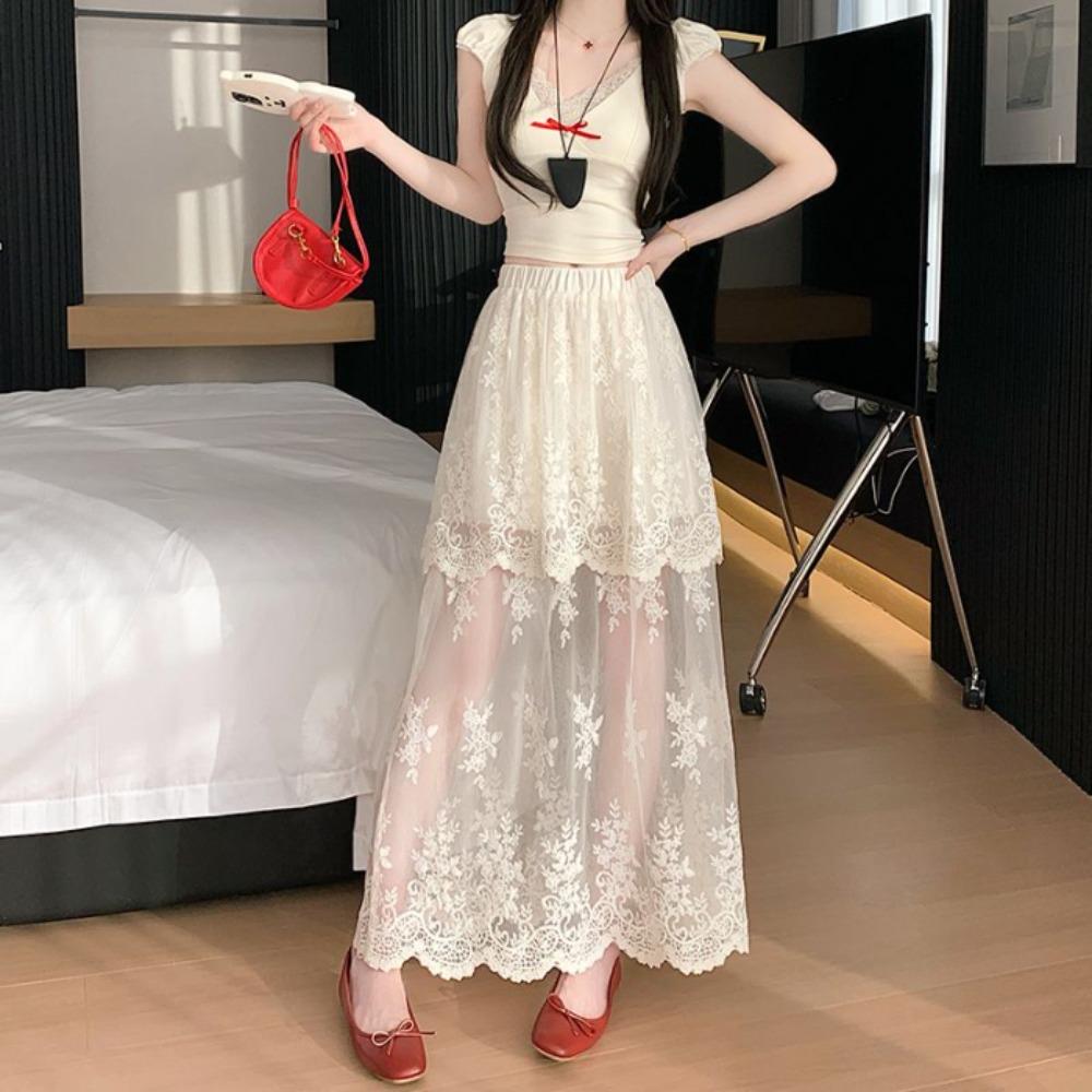 New 2026 Summer Sweet Lace Lolita Skirts Womens Kawai Korean Fashion Skirt Girl Japan Elegant High Waist A-Line Y2k Skirt