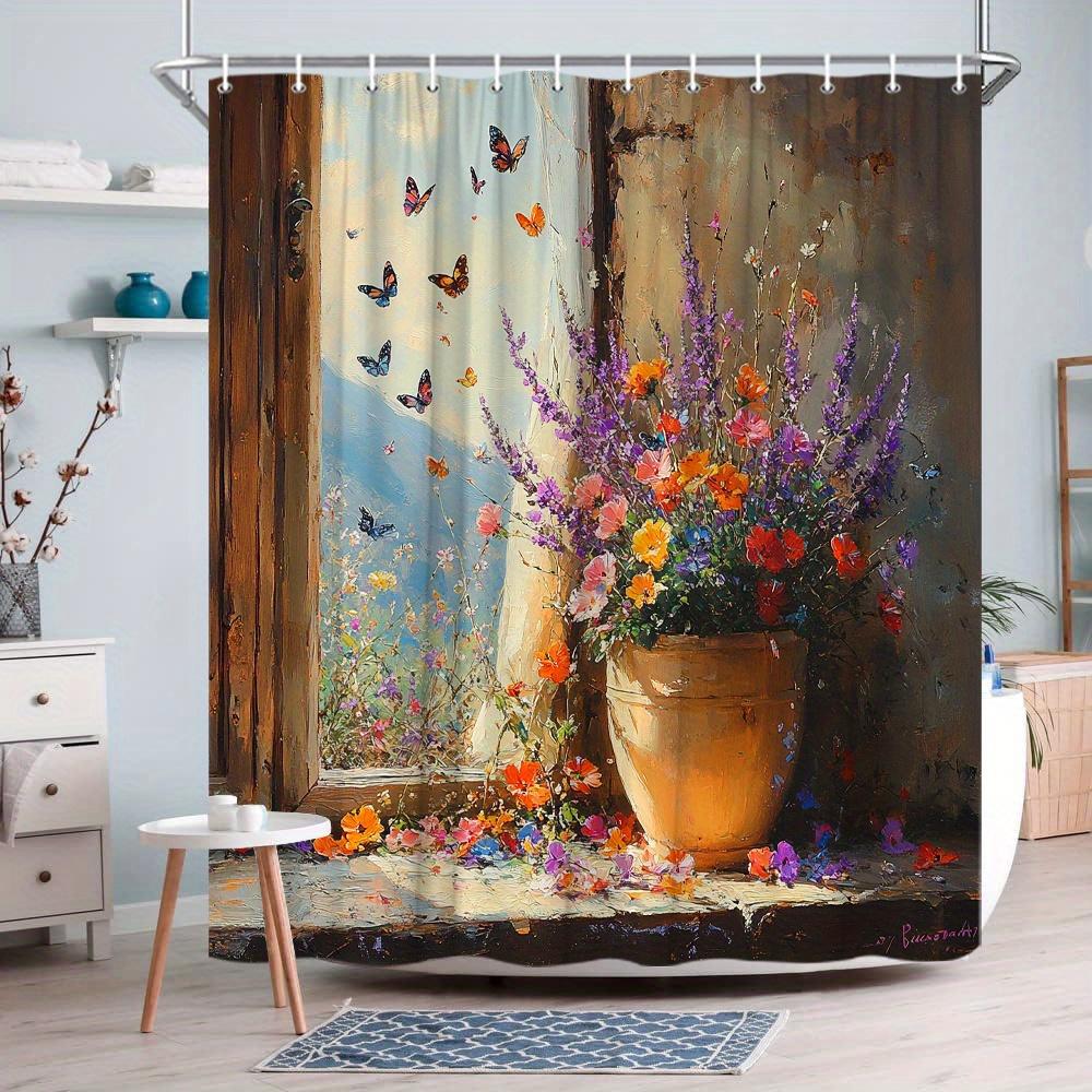 

Vibrant Floral & Butterfly Print Waterproof Shower Curtain For Bathroom, Artistic Pot Design High-End Toilet Partition Curtain W60H190(CM)-1 Pcs