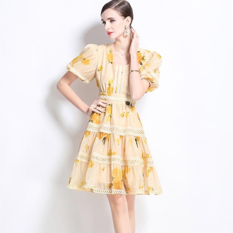 Été Femmes Col Carré Imprimé Chic Dentelle Patchwork Fête Robes Courtes