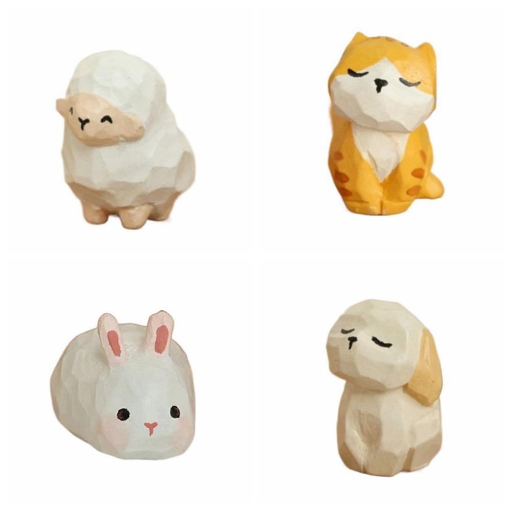 Wooden Carving Cat Ornament Sheep Small Rabbit Model Animals Ornament  Desk Decor
