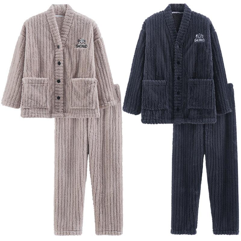 Couple Pajamas Women'S Coral Fleece Winter Thickened Fleece Cardigan Autumn And Winter Flannel Men'S Loungewear Set