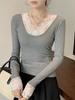 Women's Lace Splice Ribbed U-Neck Slim-Fit Long Sleeve Top for Autumn/Winter