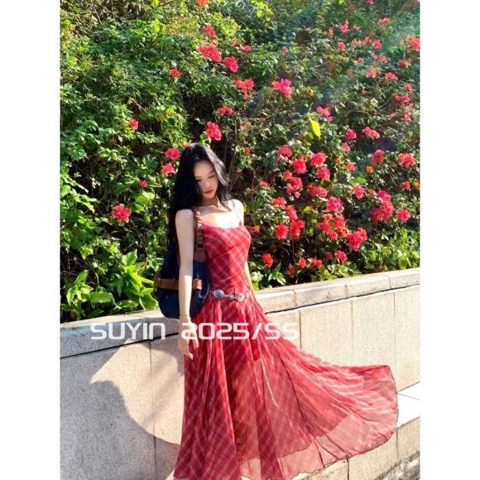 Yunnan Summer Red Plaid Strappy Dress - Women s Elegant Waist-Cinching Long Skirt XL