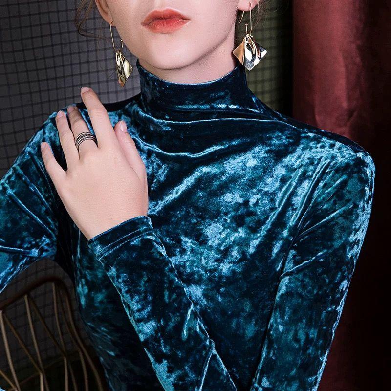 

Осень Зима Женская Бархатная Базовая Водолазка Приталенная Бриллиантовый Бархат Футболка с Длинным Рукавом Однотонная Эластичный Пуловер Топ S синий
