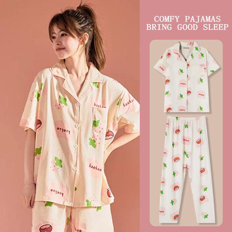Japanese Small Fresh and Sweet Pajamas Women's Summer New Short-sleeved Trousers Loose Cardigan Women's Loungewear Two-piece Set