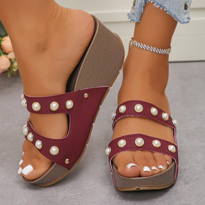 Pearl Thick-soled Shoes One-shoulder Slippers Women's Fashionable Wedge Heels Riveted Toe-exposed Beach Flip-flops
