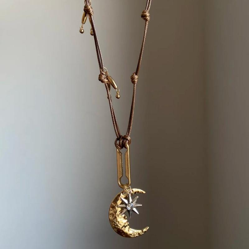 Collana Corda di Cera Stella Luna Crescente Accessori Donna Regolabile Versatile Catena per Maglione Autunno/Inverno Lusso Leggero