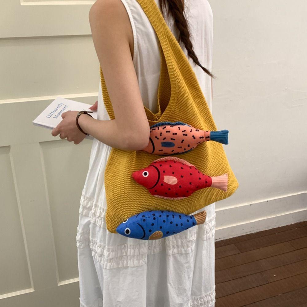 Summer Hollow Out Knitted Bag Crochet Fish Shoulder Bag Casual Weave Knitted Bag  Summer
