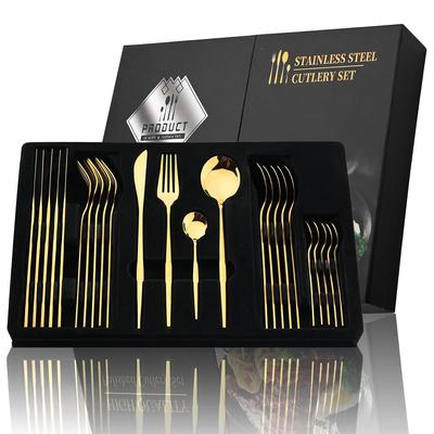 Juego de cubiertos dorados de 24 Uds con caja de regalo, vajilla de acero inoxidable, juego de vajilla con espejo para cocina, cuchillo para cena, tenedor, cuchara, cubiertos