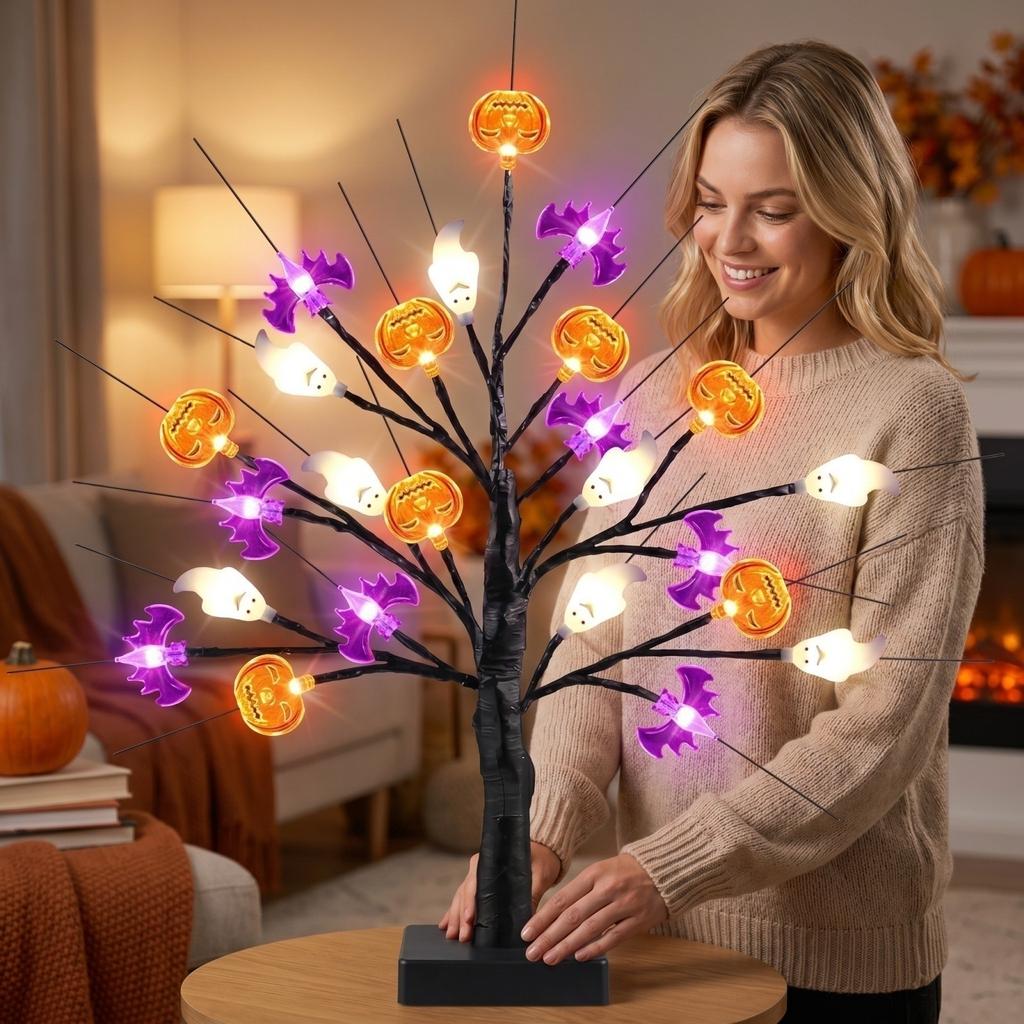 LED Halloween Lighted Tree Decoration Indoor Battery Operated Tabletop Halloween Ornament with Pumpkin Ghost and Bat Shapes for Home