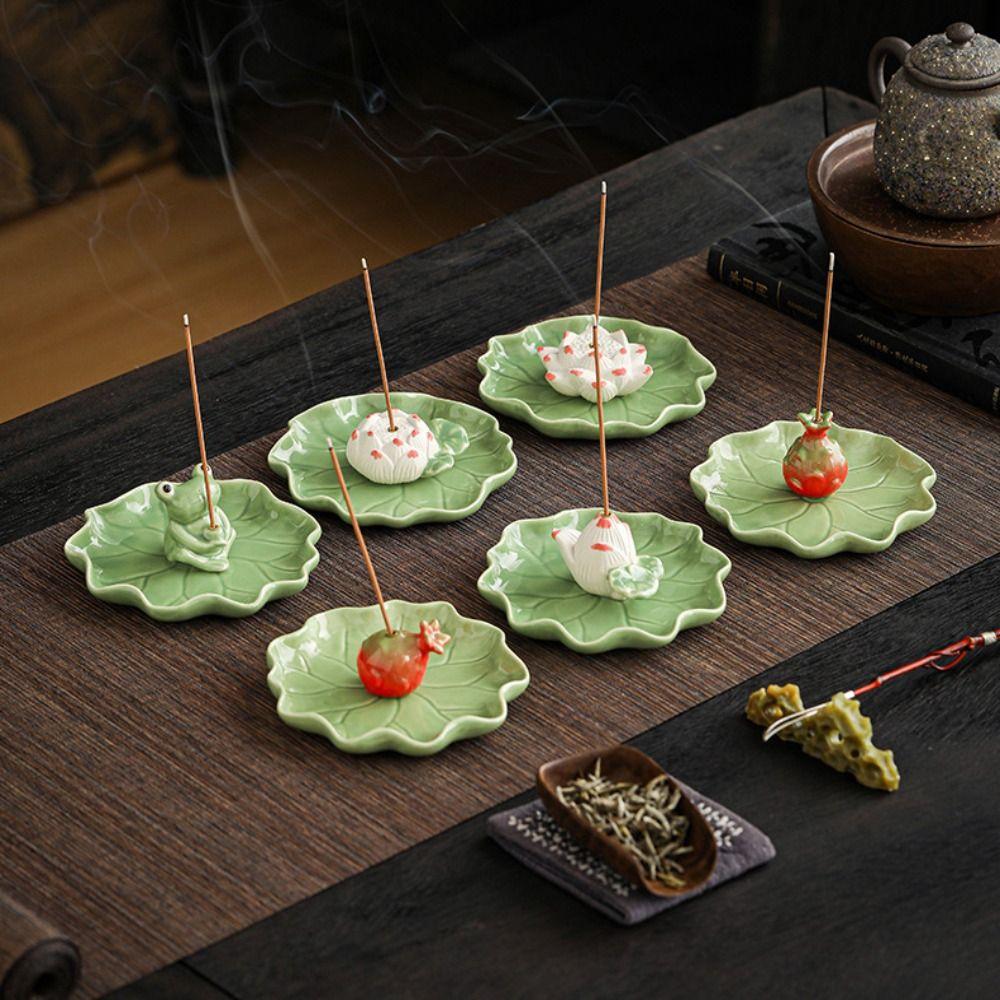 Creative Frog Lotus Ceramic Incense Holder with Lotus Leaf Tray Ash Catcher Zen Incense Burner Incense Stick Holder Home Decor