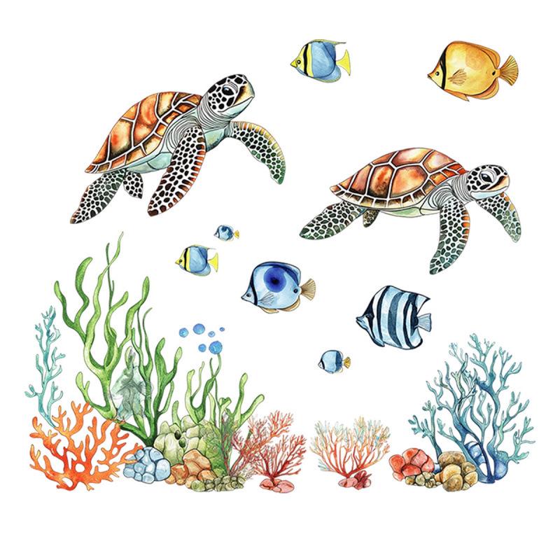 MS362 Sea Turtle & Coral Wall Stickers - Self-Adhesive Ocean Decor for Bathroom