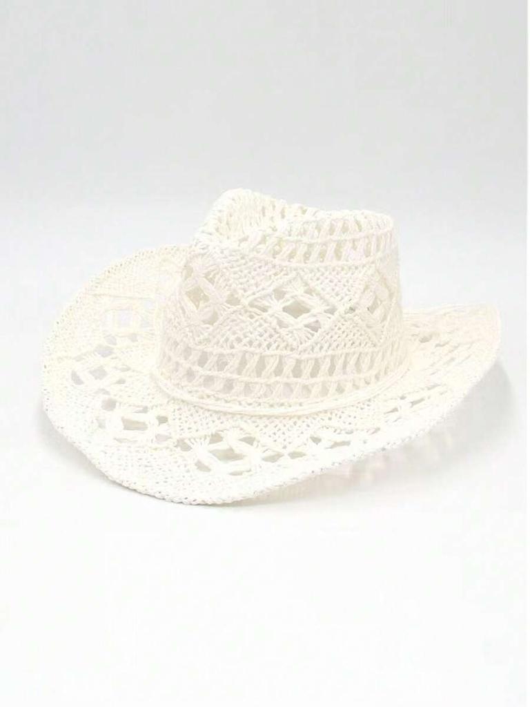 Unisex Straw Cowboy Hat With Beaded Decoration Breathable For Beach Camping Outdoor