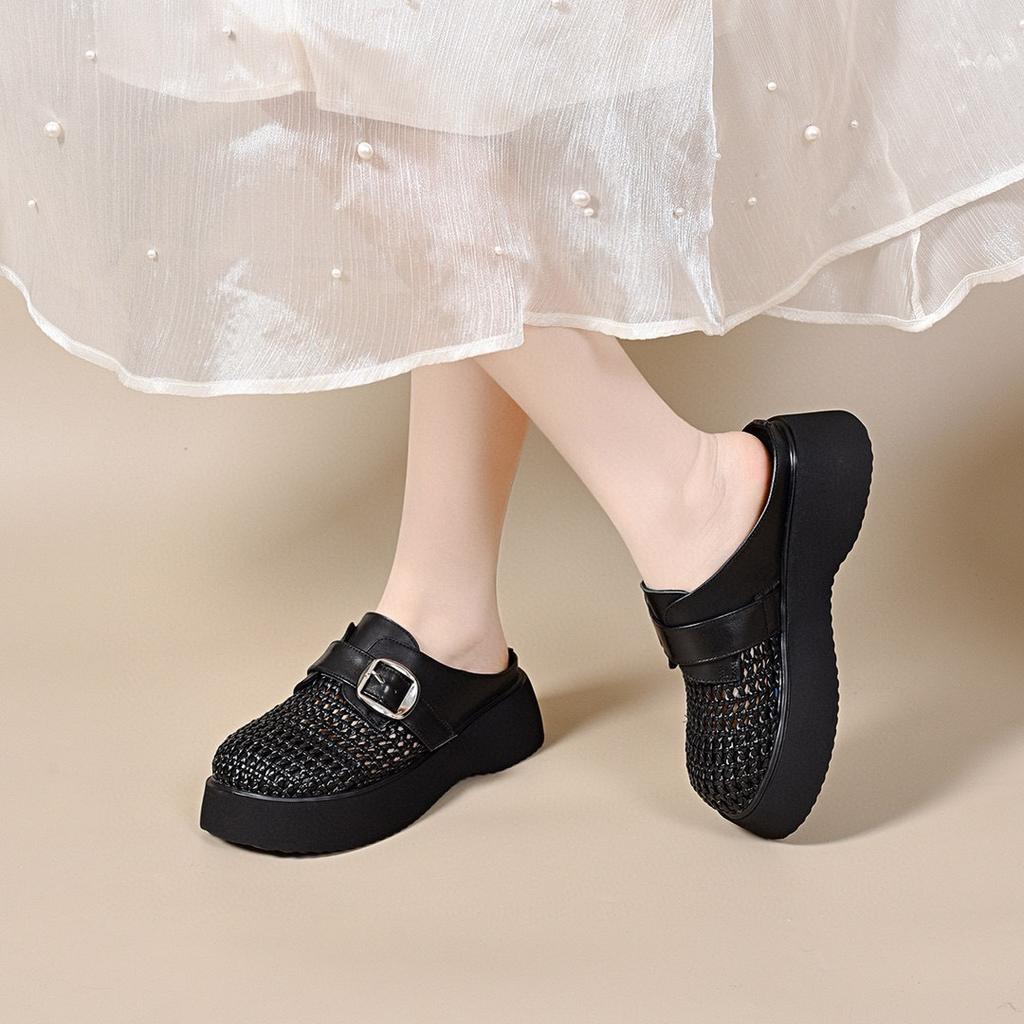 Baotou Thick-bottomed Sandals Women's Outer Wear 2025 Summer New Retro Woven Vacation Style Roman Slippers Women's Lazy Drag