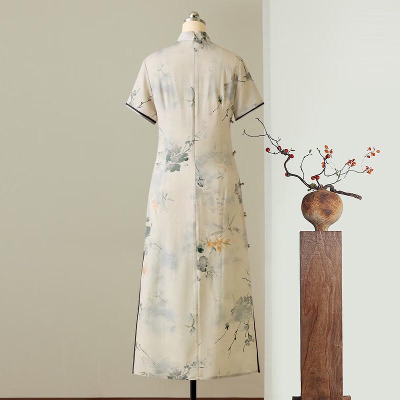 New Chinese Style Golden Chrysanthemum Print Mid-Length Qipao Dress XL