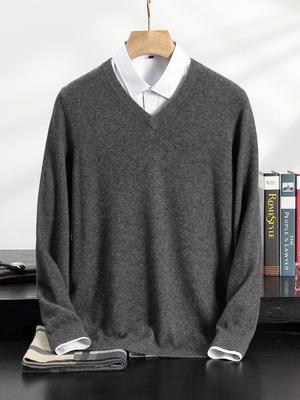 Men's High-End V-Neck Cashmere Sweater - Soft, Warm, Solid Color Knit for Autumn/Winter