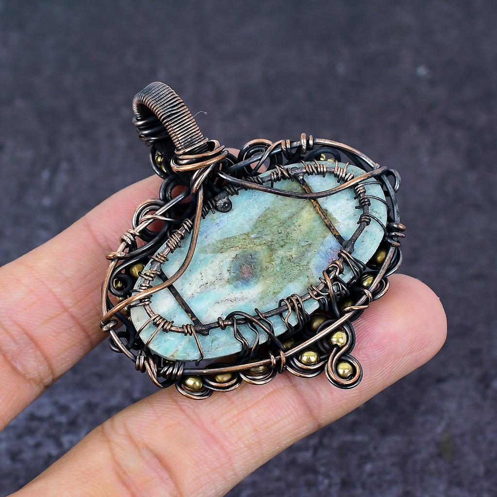 Larimar Gemstone Copper Wire Wrap Jewelry Pendant 2.36"
