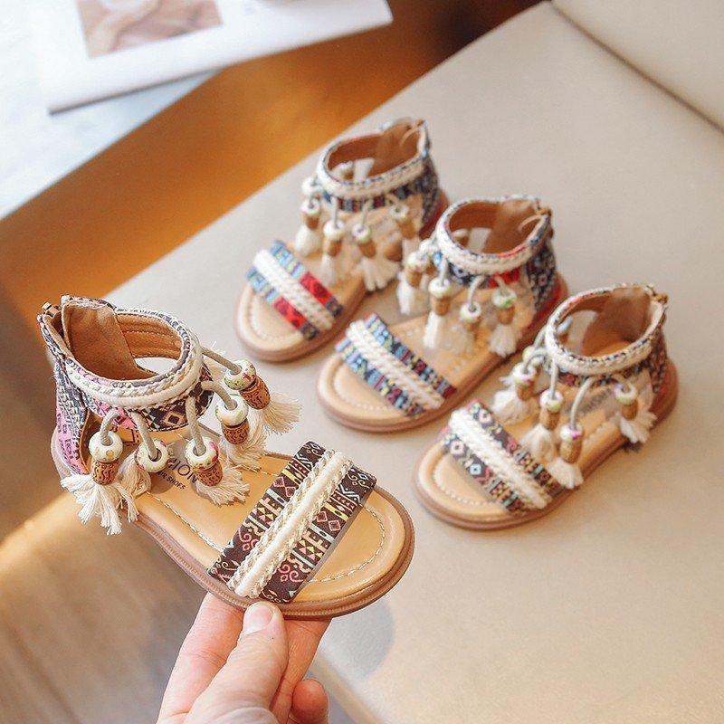 Girls Gladiator Sandals Princess Sweet Kids Beach Shoes Kids Summer Retro Ethnic Traditional Tassels Soft Back
