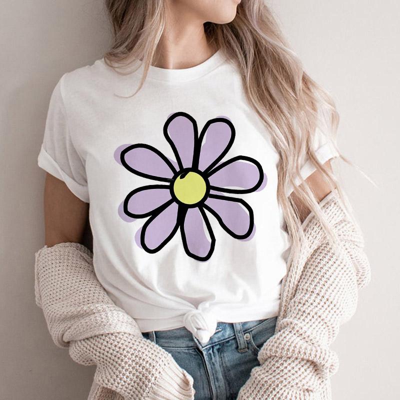 Women Tshirt Cartoon Purple Flower Floral 2025 Summer Spring T Shirt Female Clothes Graphic 90S Aesthetic Kawaii Tee Tops Lady