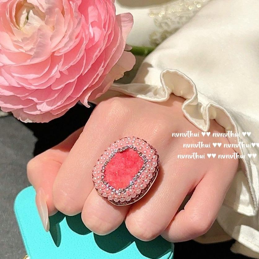 Nvnvthui Papalacha Tourmaline Crystal Bead Bracelet, Peach Blossom Powder Pearl Ring, Mapei Earrings