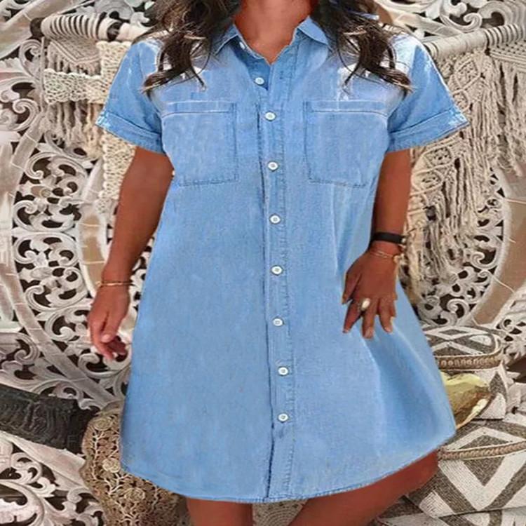 Women's Turn Down Collar Short Sleeve Midi Denim Dress Loose Fit Single Breasted Chest Pocket Solid Jean Shirt Dress Vintage Summer Casual Tunic Dress