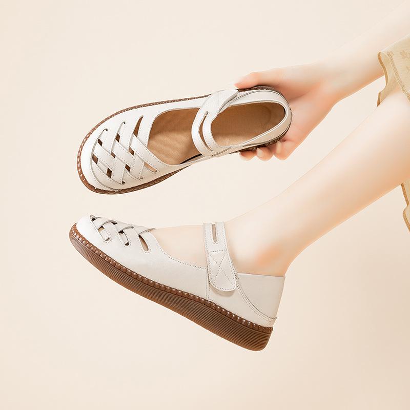 

Johnature Сандалии на плоской подошве для женщин, дышащая натуральная кожа, мягкая подошва, повседневная женская обувь с круглым носком 39 бежевый