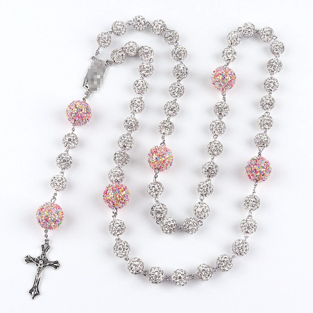 European & American Women's Six-Layer Rosary Necklace with Diamond-Studded Soft Clay Beads