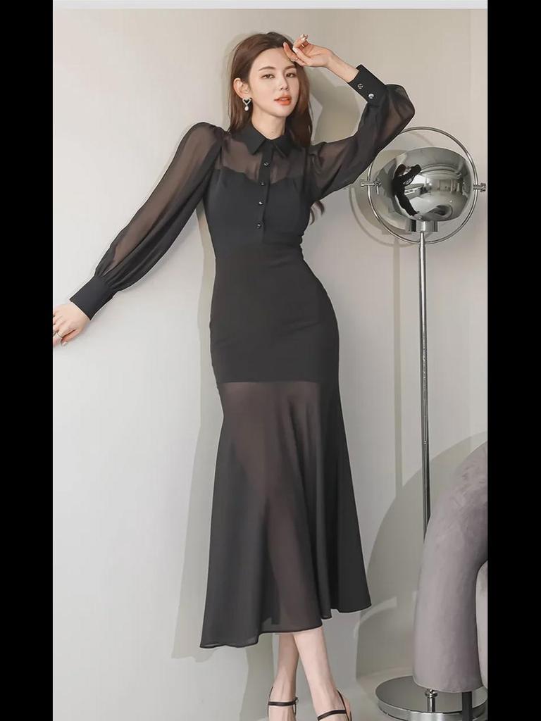 Korean Style Women's Autumn 2023 Slim Fit Ruffle Hem Dress