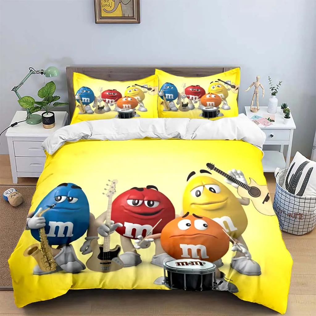 Set di biancheria da letto con stampa del logo del cioccolato M&M alla moda, set di biancheria da letto squisito, set copripiumino, set di piumoni, set di biancheria da letto, regalo per bambini