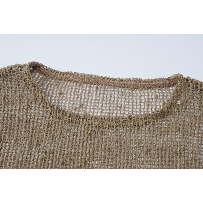 Sexy Perspective Knitted Hoodie Women's Solid Color Loose Round Neck Long Sleeved Top T-shirt Summer New Fashion