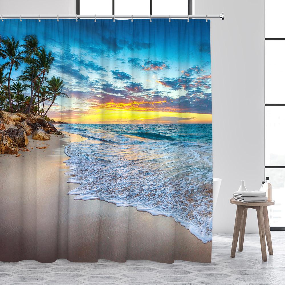 

Beach Shower Curtain Blue Ocean Starfish Conch Shell Sunset Island Landscape Bathroom Curtains Decor Polyester Fabric with Hooks 120x180cm-47x70in