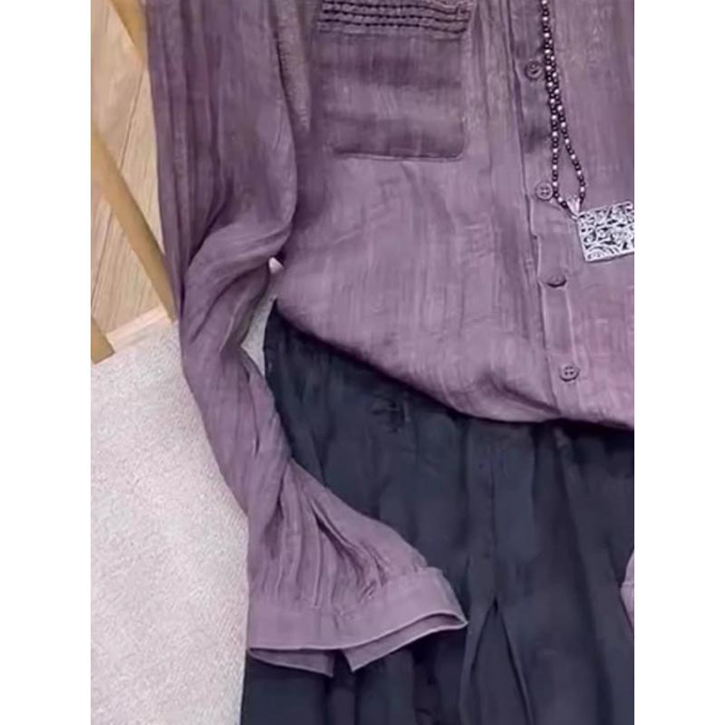 Women's Temperament Purple Long Sleeved Ice Silk Top