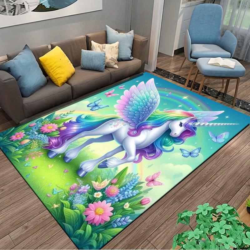 Unicorn Rainbow Wings Carpet with Butterflies and Floral Design Suitable for use as an anti-slip for living room bedroom sofas