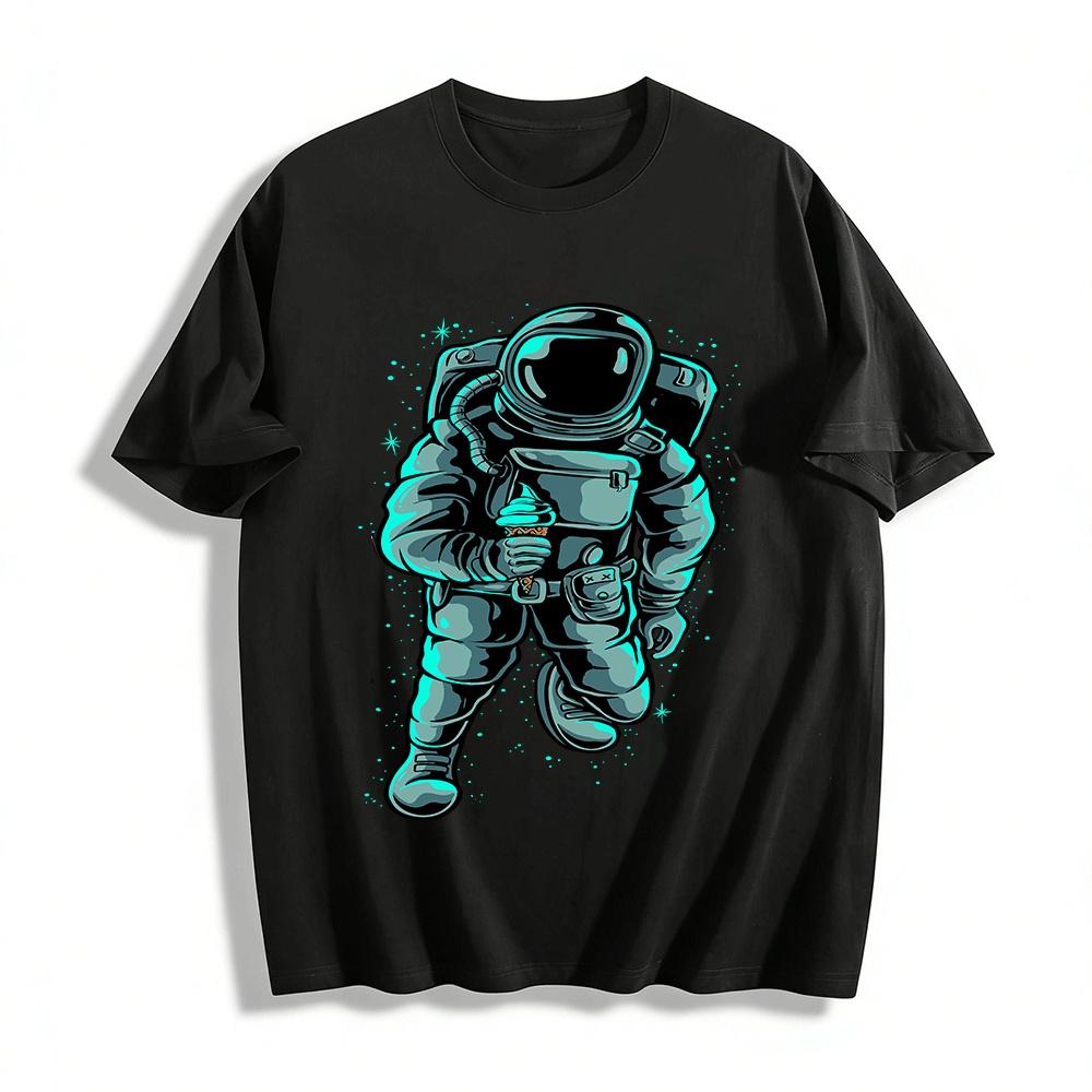 Astronaut Holding Ice Cream Print Casual Short Sleeve T-Shirt Pure cotton T-shirt XXS