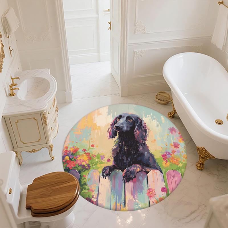 Flower Fence Dog,Round Area Rug,Carpet Rug for Living Room Bedroom Sofa Playroom Decor,Non-slip Floor Mat