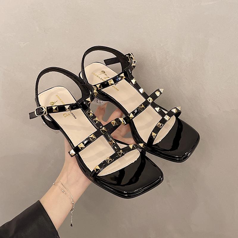 Fashion The 2025 Summer New Collection of Sandals Features A Rivet One-line Fashion Square Toe French Fairy Roman High Heels