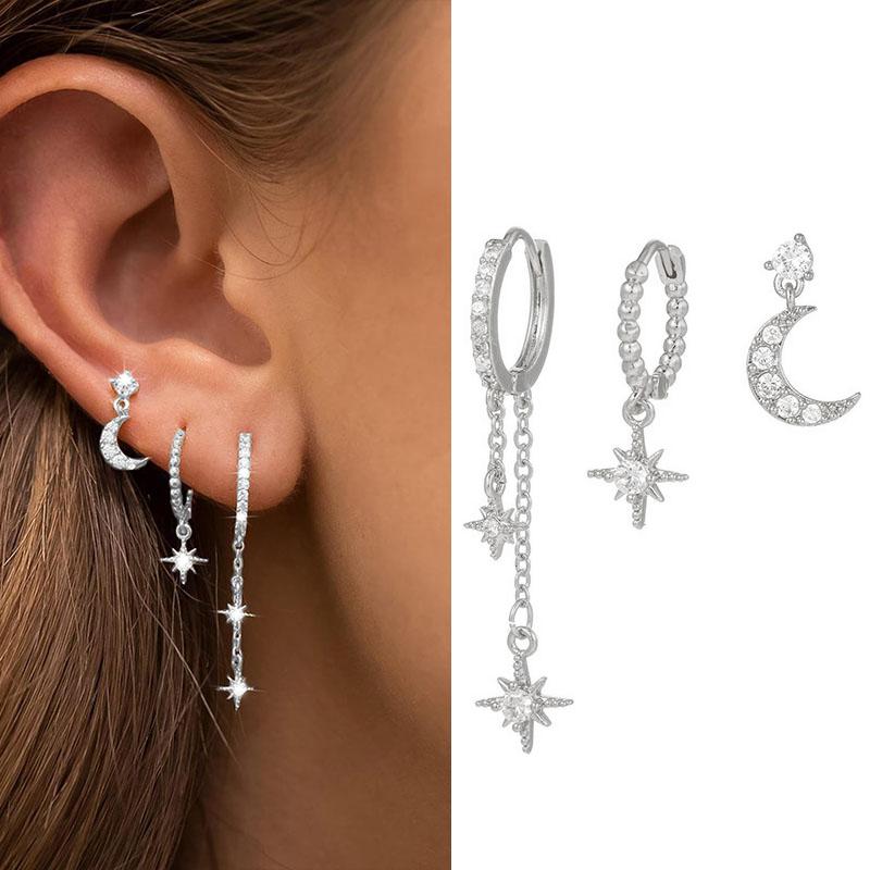 

3 шт. Изысканные серьги-подвески из циркония для женщин, элегантные серьги-подвески в виде бабочки, луны и звезды, пирсинг, украшения для вечеринок, подарки миндальный