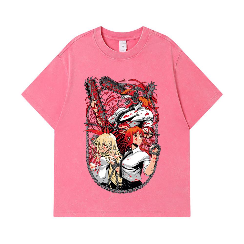 275 GSM Washed T-shirts 100% Cotton Chainsaw Man V20 Print Unisex Heavy Cotton T Shirt