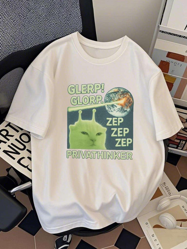 GREETINGS HUZZ letter printed men's T-shirt daily casual short sleeved men's cat emoji shirt top