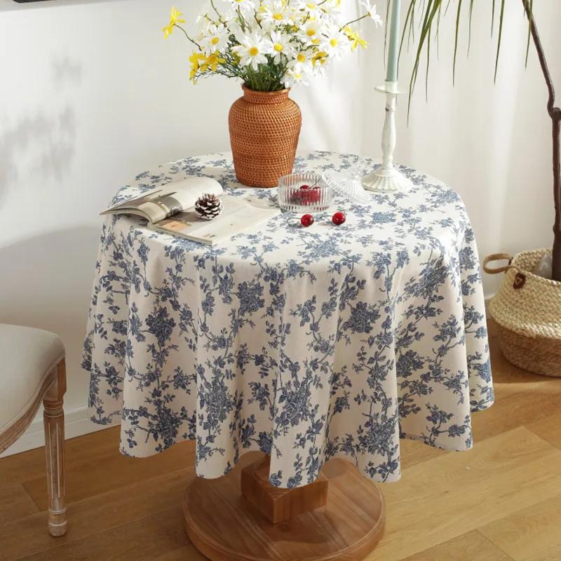 Vintage Round Tablecloth Blue Floral Farmhouse Washable Table Cover for Dining Picnic Indoor Outdoor Kitchen Tabletop Decoration