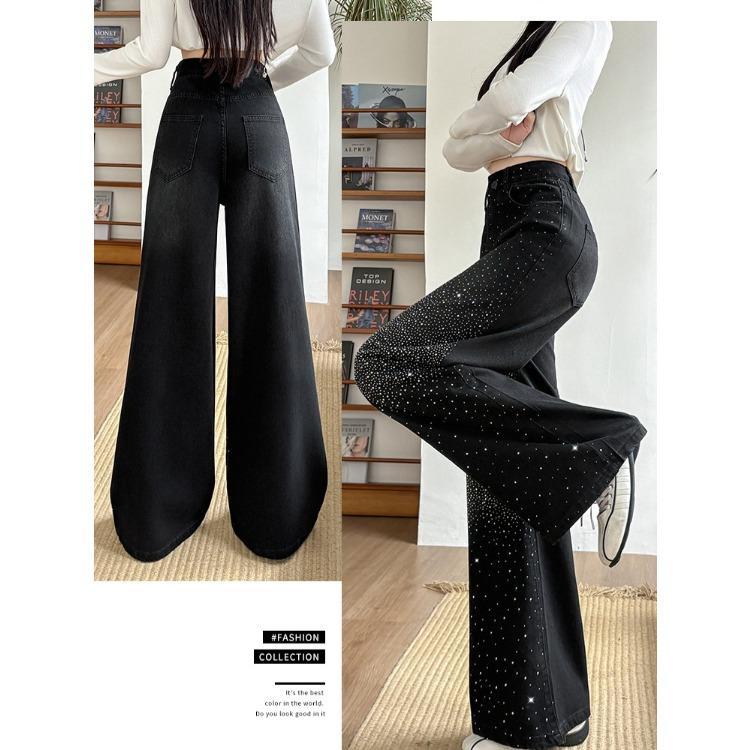 Women Korean Style Wide Leg Pants with All Star Rhinestones Fashionable and Versatile Floor Length Trousers