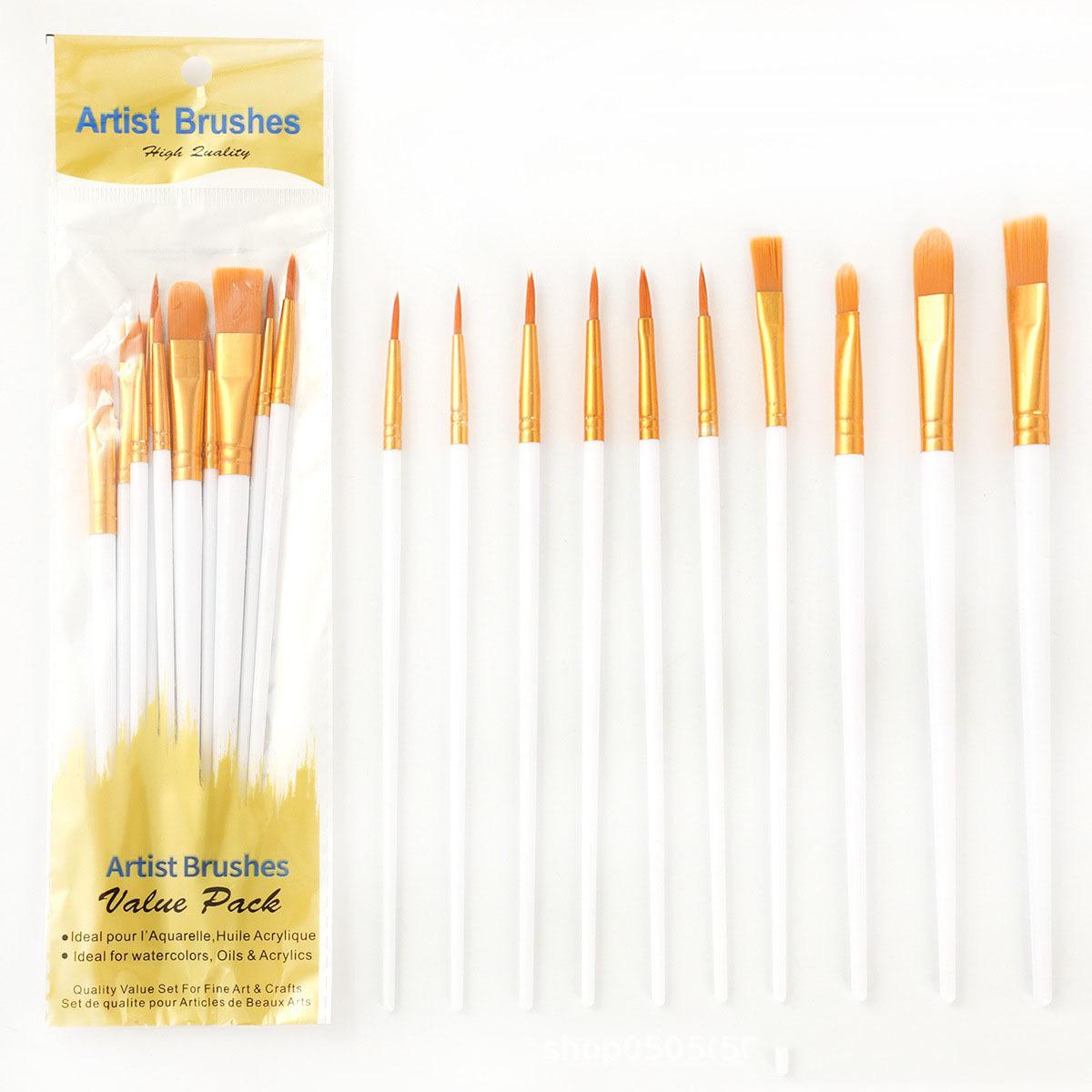 10-Piece Nylon Bristle Plastic Handle Paintbrush Set for Gouache, Watercolor, and Acrylic Painting