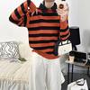 Womens Oversized Knit Sweater With Shirt Collar Color-Block Striped Long Sleeve Pullover Winter Office Wear