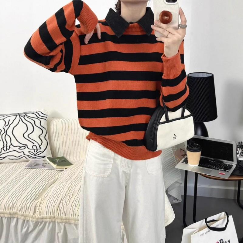 Womens Oversized Knit Sweater With Shirt Collar Color-Block Striped Long Sleeve Pullover Winter Office Wear