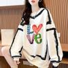 Letter Line Graffiti Women's Sweatshirt Round Collar Contrasting Long Sleeved Pullover Korean Style Autumn New Version Loose Casual Female Top